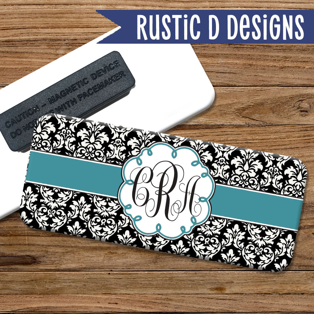 Damask Curly Monogram Turquoise Magnetic Name Badge