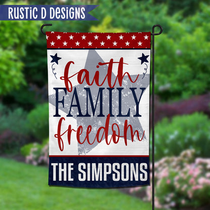 Faith Family Freedom USA Patriotic Personalized Home Garden Flag 12"x18"