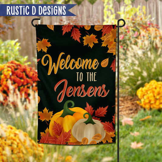 Fall Leaves & Pumpkins Welcome Personalized Home Garden Flag 12"x18"