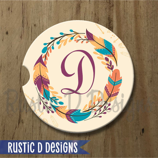 Feather Wreath Initial Personalized Sandstone Car Coaster