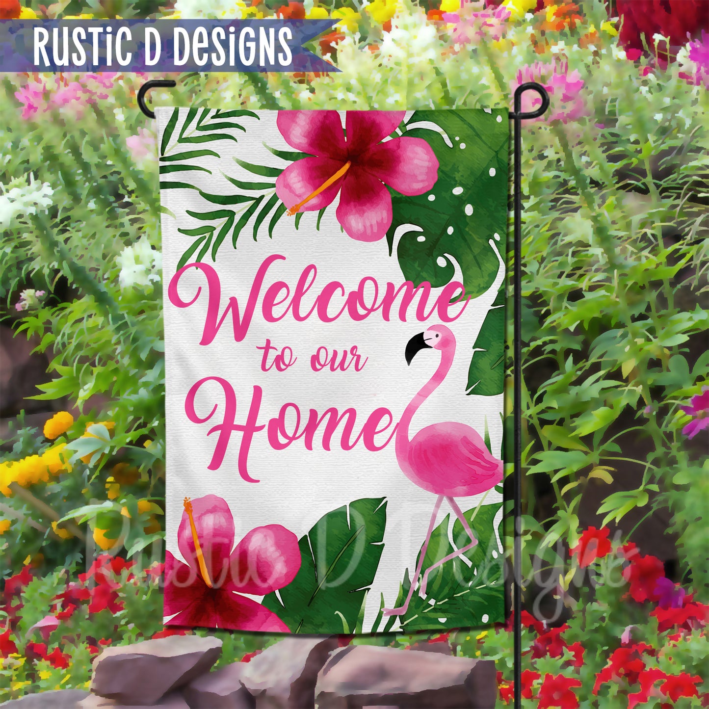 Flamingo Welcome Pool Home Garden Flag 12"x18"