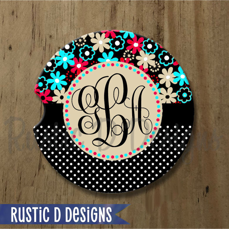 Flower & Polka Monogram Personalized Sandstone Car Coaster