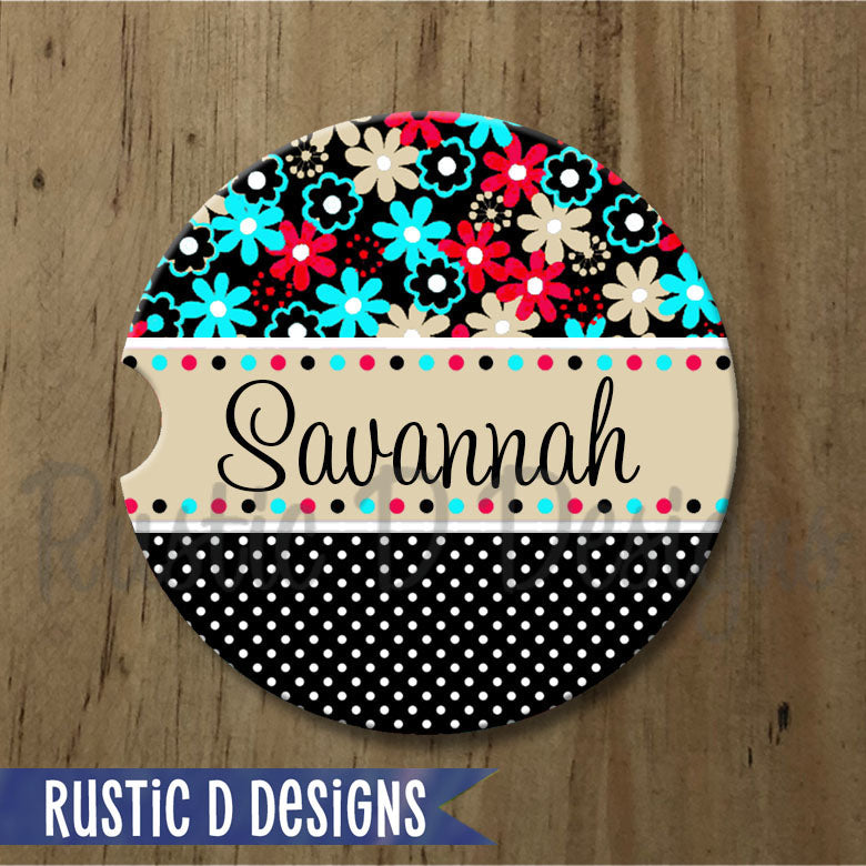 Flower & Polka Name Personalized Sandstone Car Coaster