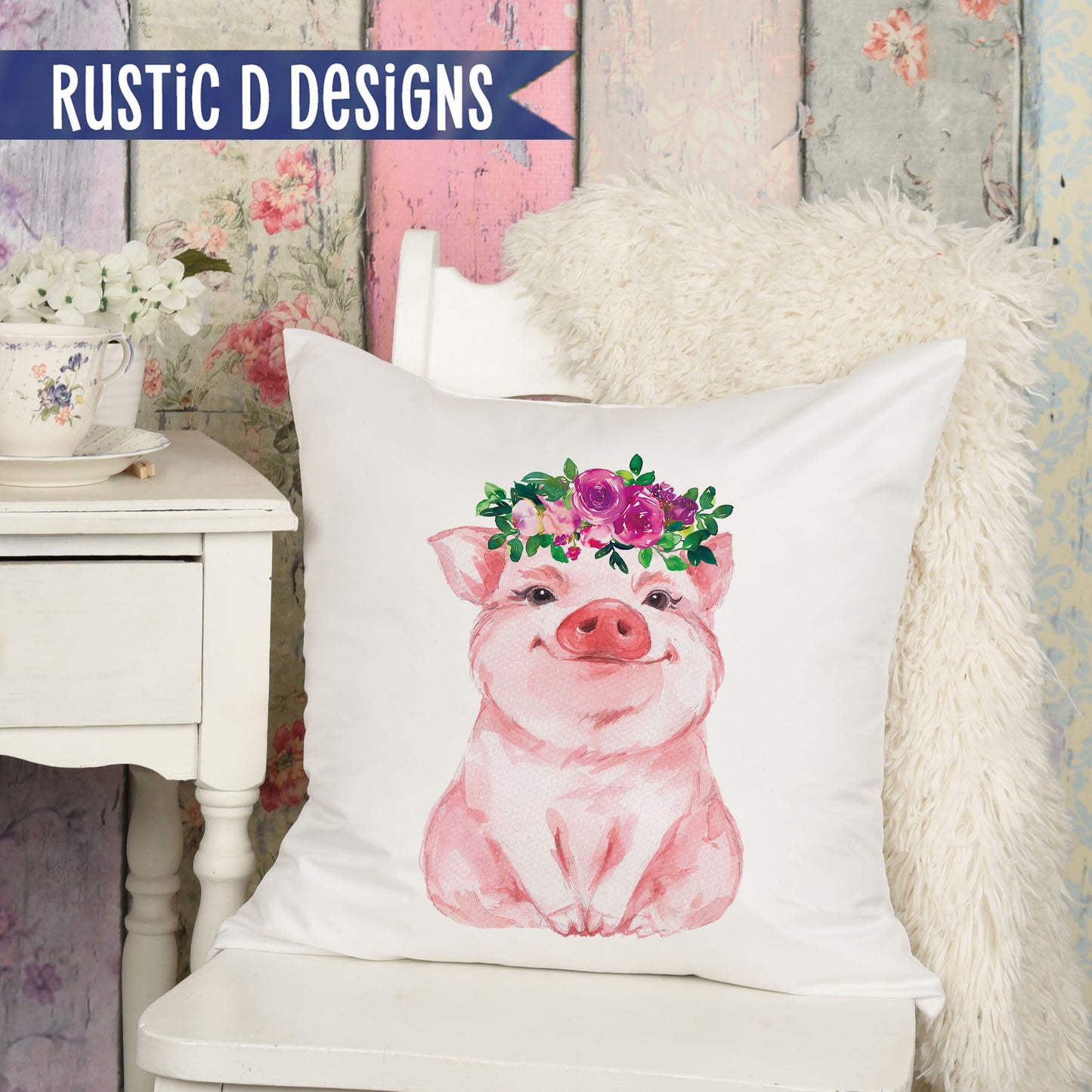 Flowered Pig Pillow Cover