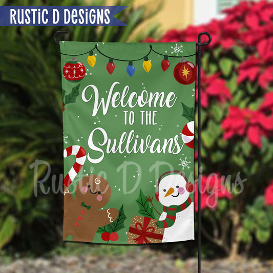 Gingerbread Snowman Christmas Welcome Personalized Home Garden Flag 12"x18"