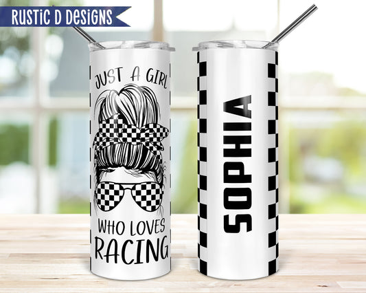 Just a Girl Who Loves Racing Personalized 20oz Stainless Steel Skinny Tumbler
