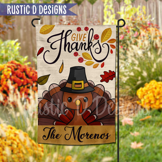 Give Thanks Thanksgiving Turkey Welcome Personalized Home Garden Flag 12"x18"
