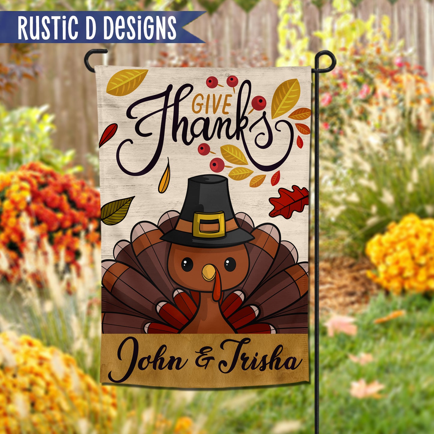 Give Thanks Thanksgiving Turkey Welcome Personalized Home Garden Flag 12"x18"