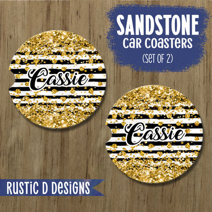 Gold Glitter Black Stripes Personalized License Plate Auto Set