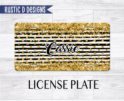 Gold Glitter Black Stripes Personalized License Plate Auto Set