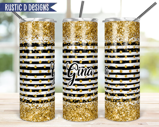 Gold Glitter Black Stripes Personalized 20oz Stainless Steel Skinny Tumbler