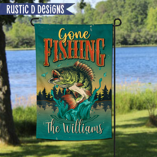 Gone Fishing Lake Personalized Home Garden Flag 12"x18"