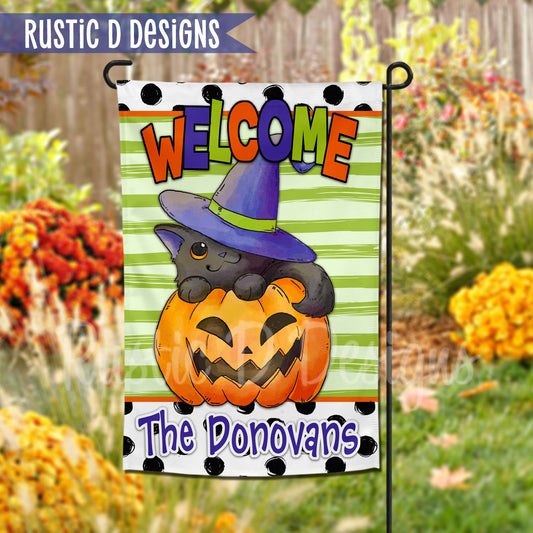 Halloween Jack O Lantern Cat Welcome Personalized Home Garden Flag 12"x18"