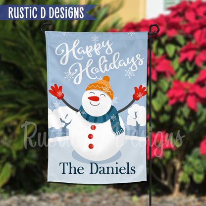 Happy Holidays Snowman Christmas Personalized Home Garden Flag 12"x18"