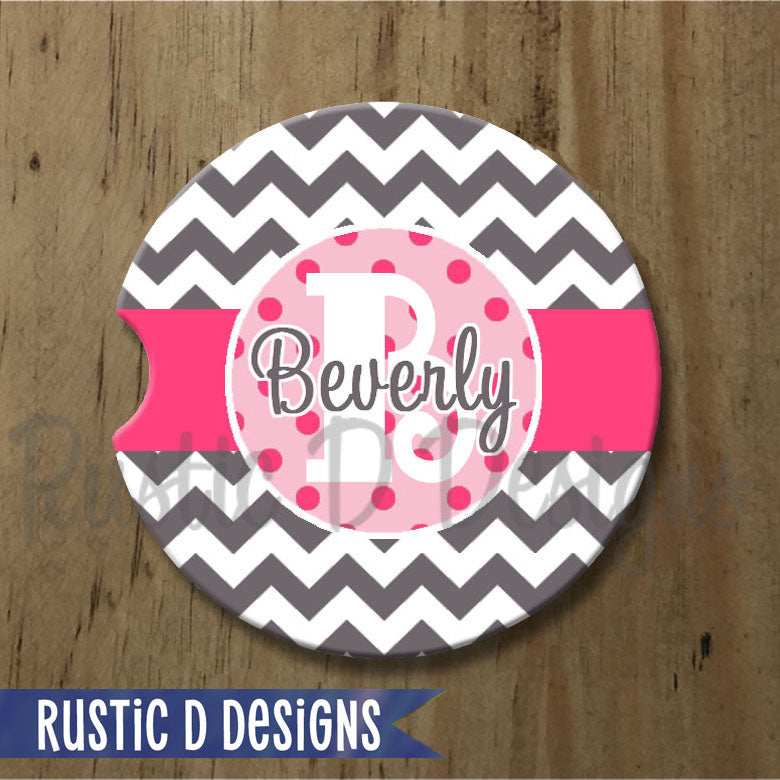 Hot Pink Dots & Chevron Personalized Sandstone Car Coaster