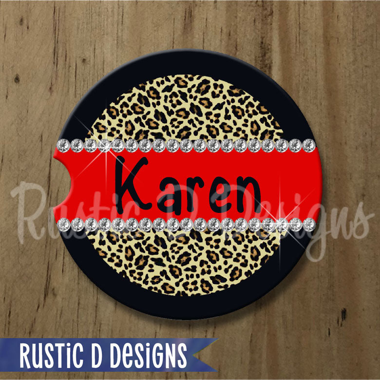 Leopard Red Bling Personalized Sandstone Car Coaster