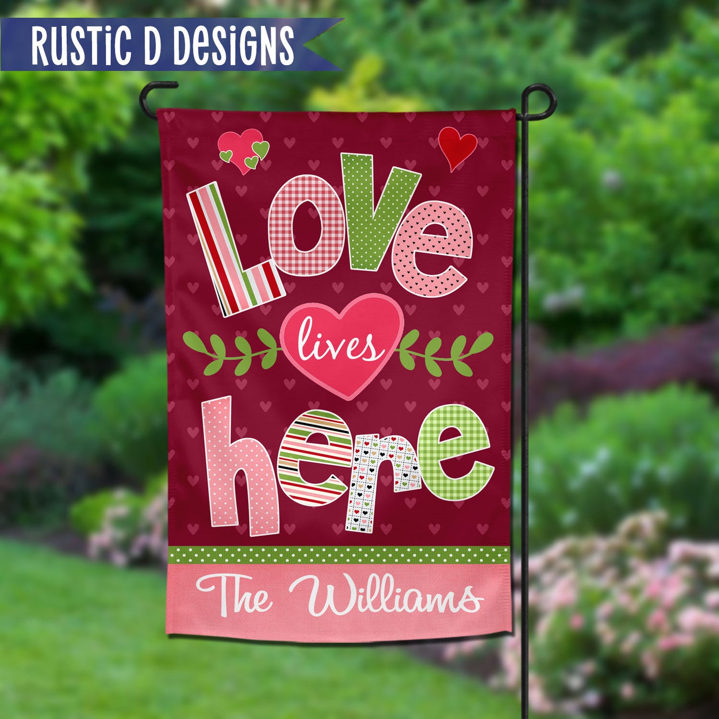 Love Lives Here Valentine Personalized Home Garden Flag 12"x18"