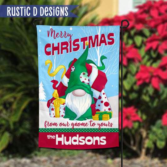 Merry Christmas Gnome Personalized Garden Flag 12"x18"