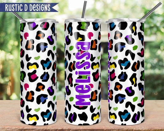 Multicolor Leopard Personalized 20oz Stainless Steel Skinny Tumbler