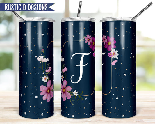 Navy Pink Flowers Initial Personalized 20oz Stainless Steel Skinny Tumbler