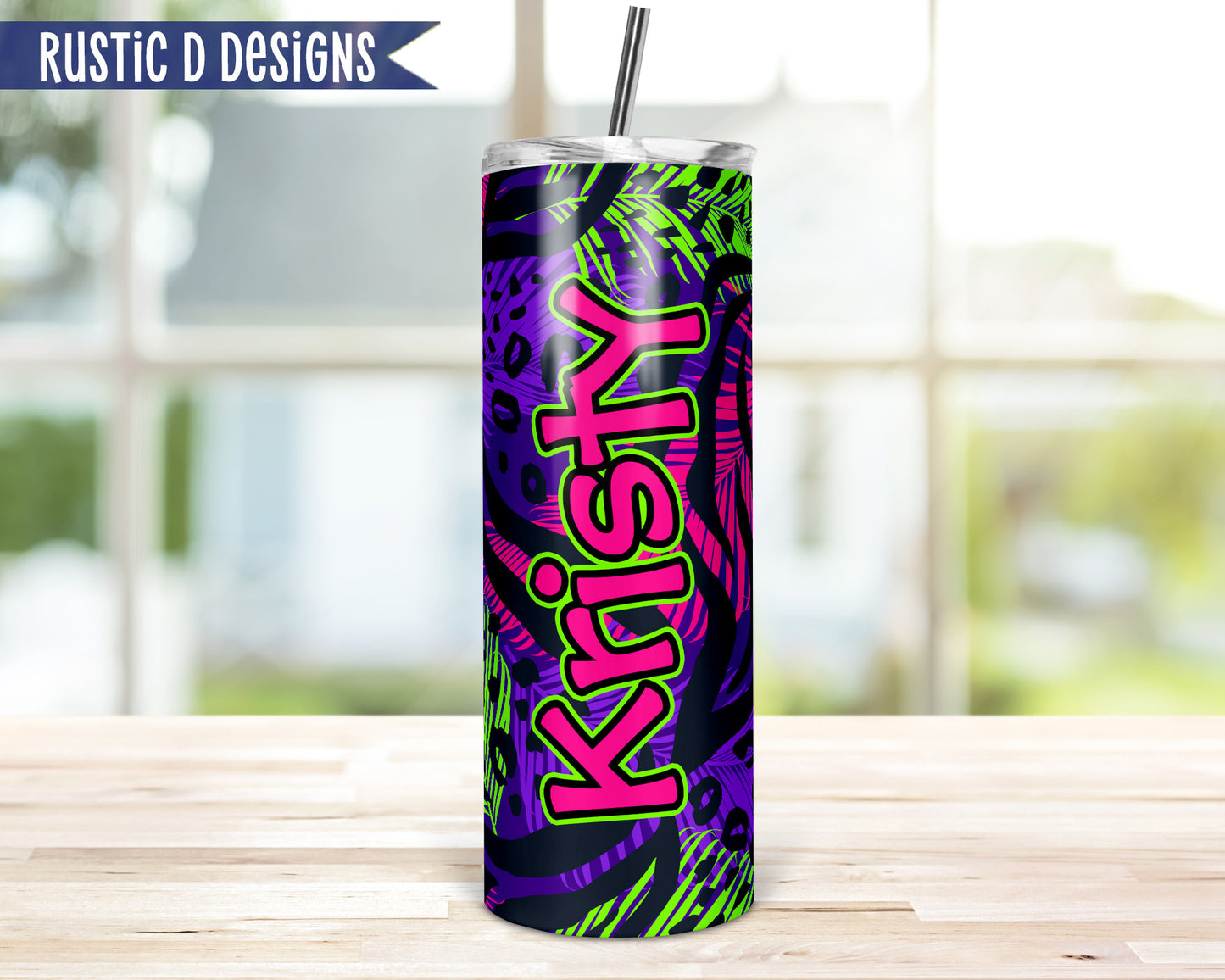 Neon Geometric Animal Print Personalized 20oz Stainless Steel Skinny Tumbler