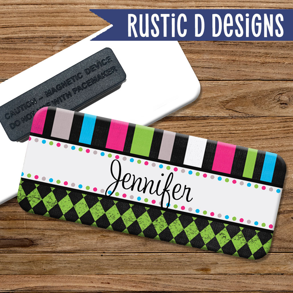 Neon Stripes & Diamonds Magnetic Name Badge