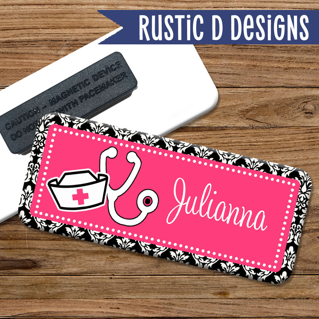 Nurse Damask Hot Pink Magnetic Name Badge