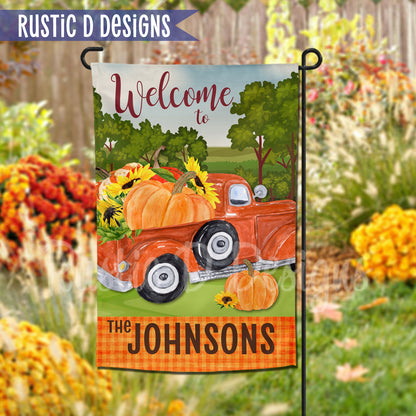 Vintage Truck Pumpkins Autumn Personalized Home Garden Flag 12"x18"