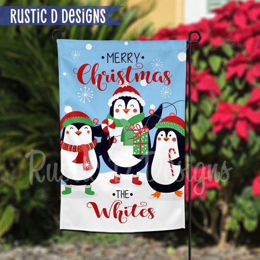 Penguin Merry Christmas Personalized Home Garden Flag 12"x18"