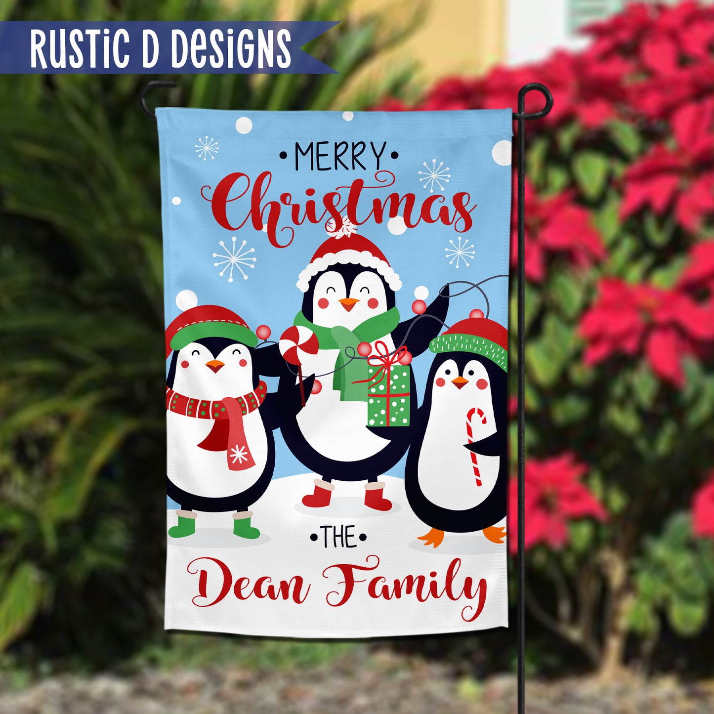 Penguin Merry Christmas Personalized Home Garden Flag 12"x18"