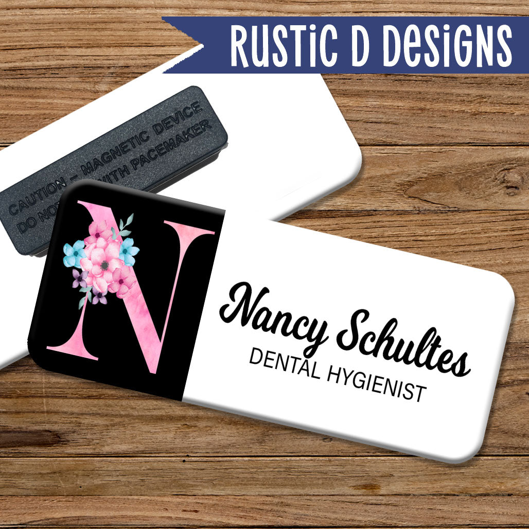 Pink Bouquet Initial Magnetic Name Badge