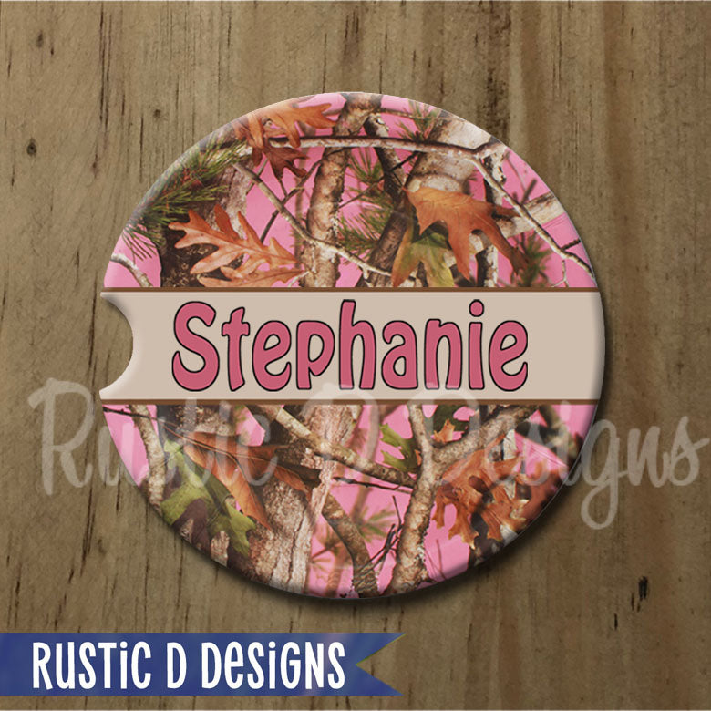 Pink Camo Personalized Sandstone Car Coaster