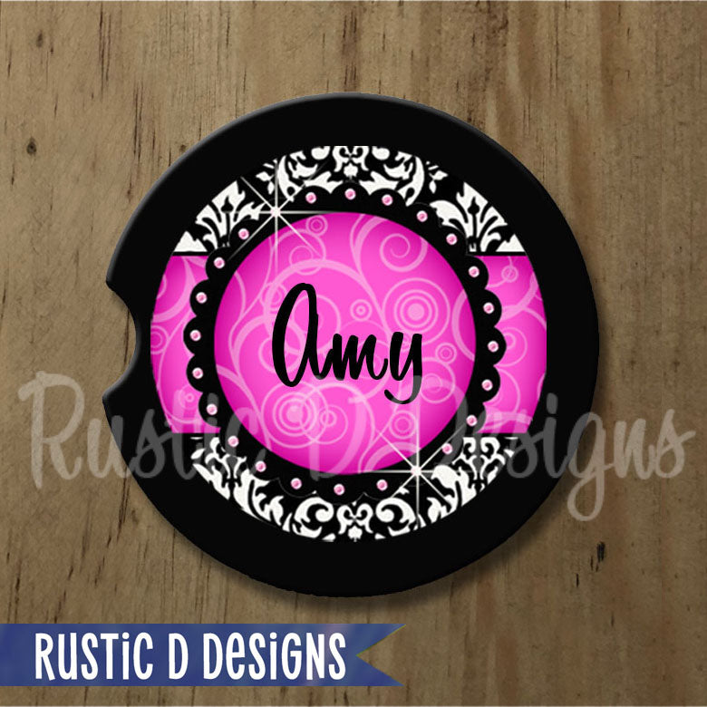 Pink Damask Personalized Sandstone Car Coaster