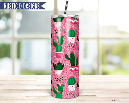 Pink Glitter Effect Cactus 20oz Stainless Steel Skinny Tumbler