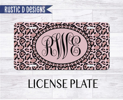Pink Leopard Glitter Effect Personalized License Plate Auto Set