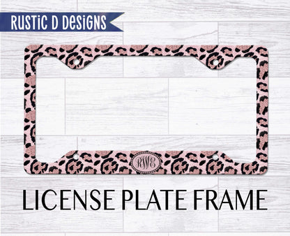 Pink Leopard Glitter Effect Personalized License Plate Auto Set