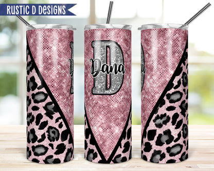 Pink Leopard Glitter Effect Personalized 20oz Stainless Steel Skinny Tumbler