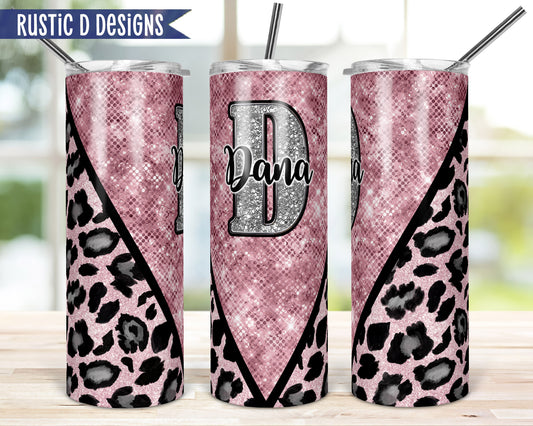 Pink Leopard Glitter Effect Personalized 20oz Stainless Steel Skinny Tumbler