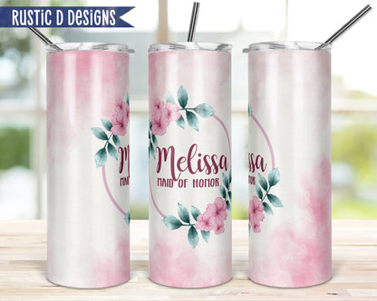 Pink Watercolor Bridal Party Personalized 20oz Stainless Steel Skinny Tumbler