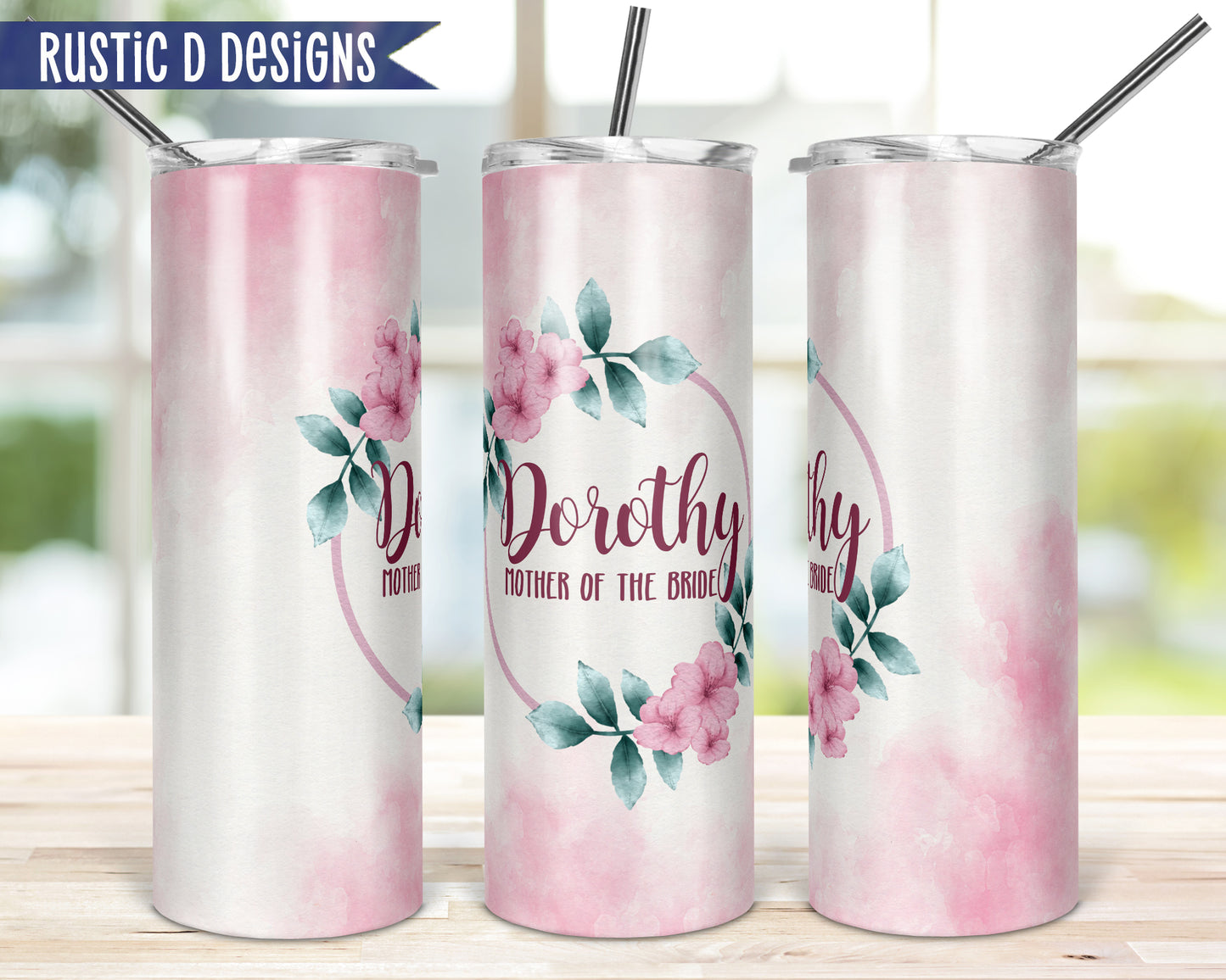 Pink Watercolor Bridal Party Personalized 20oz Stainless Steel Skinny Tumbler