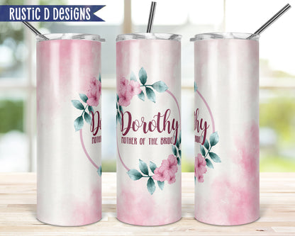 Pink Watercolor Bridal Party Personalized 20oz Stainless Steel Skinny Tumbler