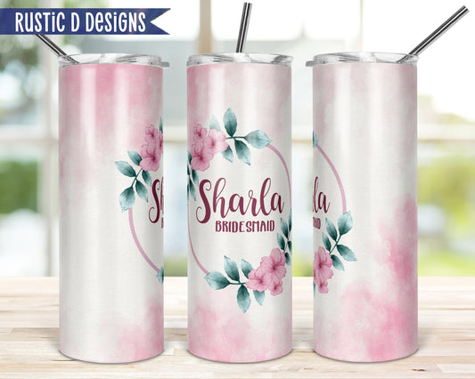 Pink Watercolor Bridal Party Personalized 20oz Stainless Steel Skinny Tumbler