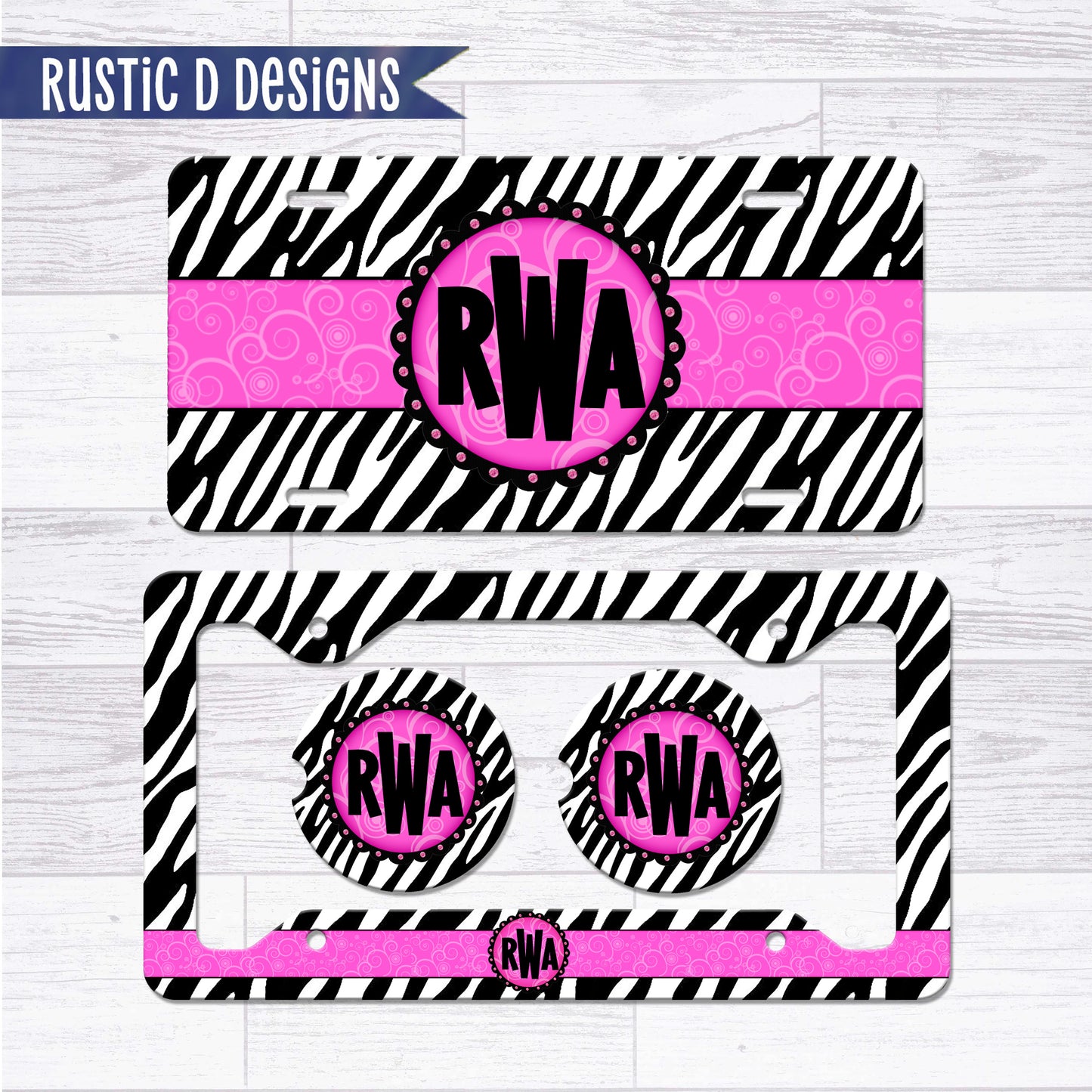 Pink Zebra Monogram Personalized License Plate Auto Set