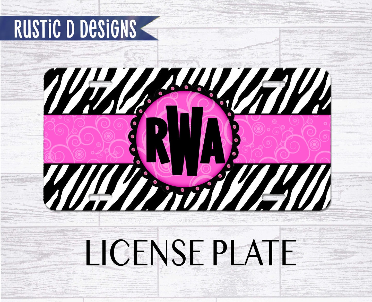 Pink Zebra Monogram Personalized License Plate Auto Set