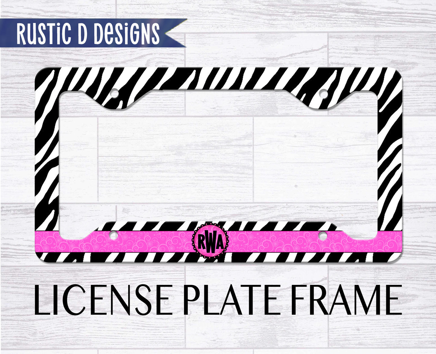 Pink Zebra Monogram Personalized License Plate Auto Set