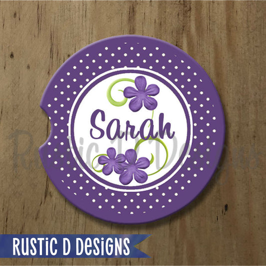 Purple Flowers Personalized Sandstone Car Coaster