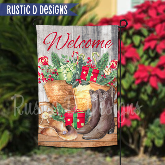 Rustic Christmas Welcome Garden Flag 12"x18"