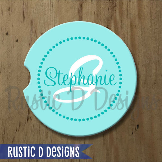 Simple Dots Turquoise Personalized Sandstone Car Coaster