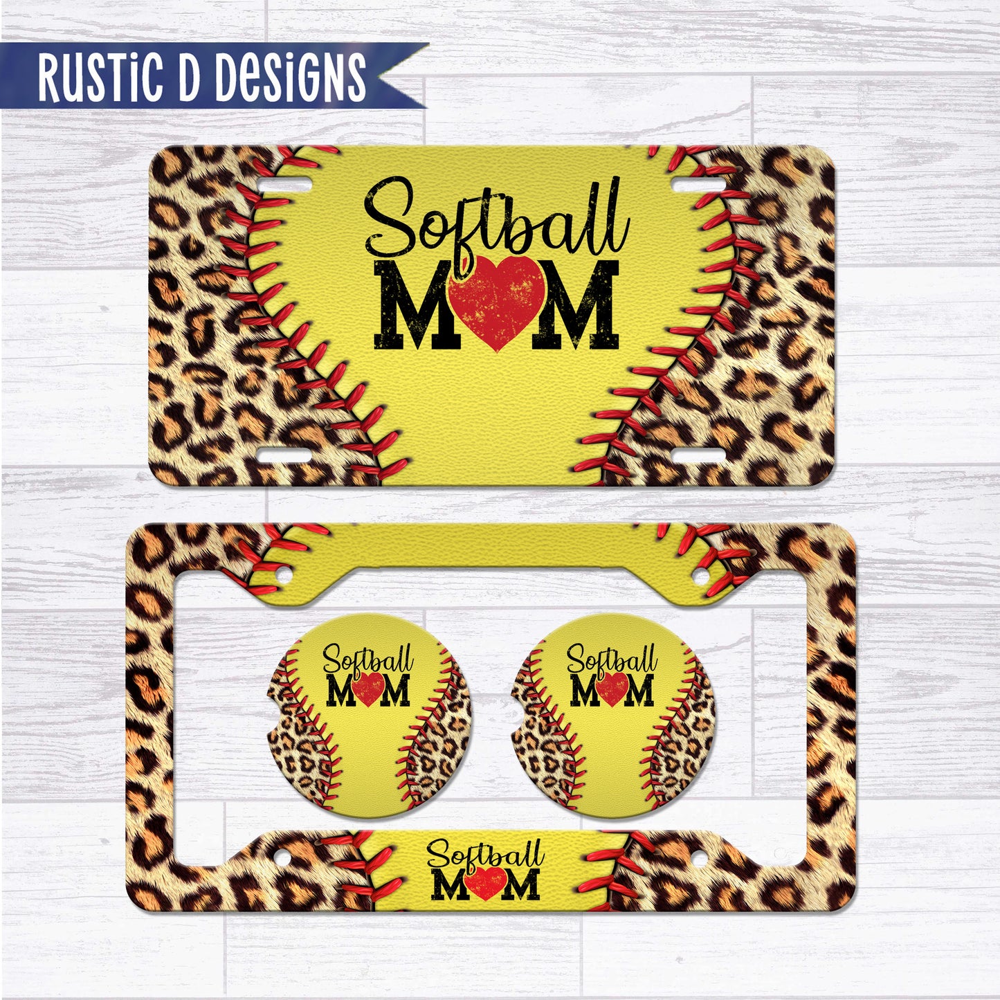 Softball Mom Leopard License Plate Auto Set