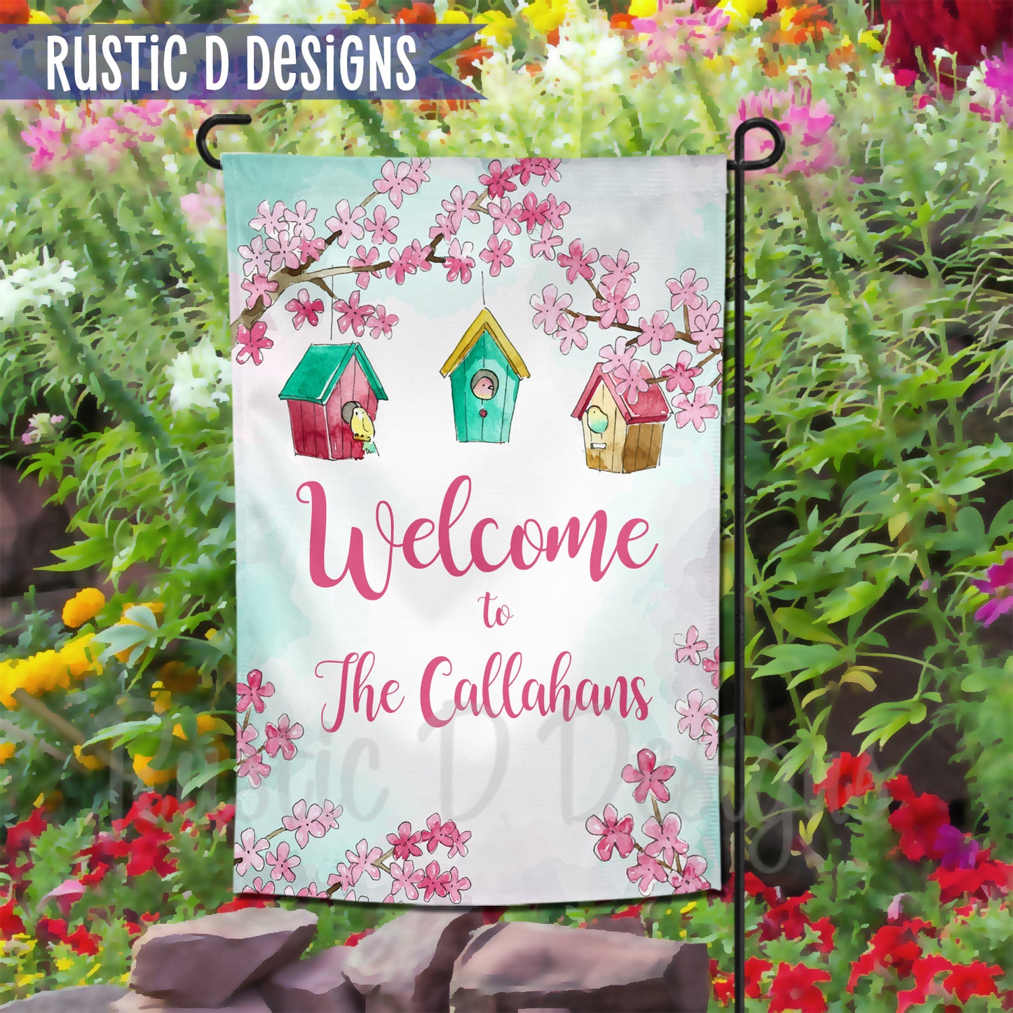 Spring Birdhouse Welcome Personalized Home Garden Flag 12"x18"